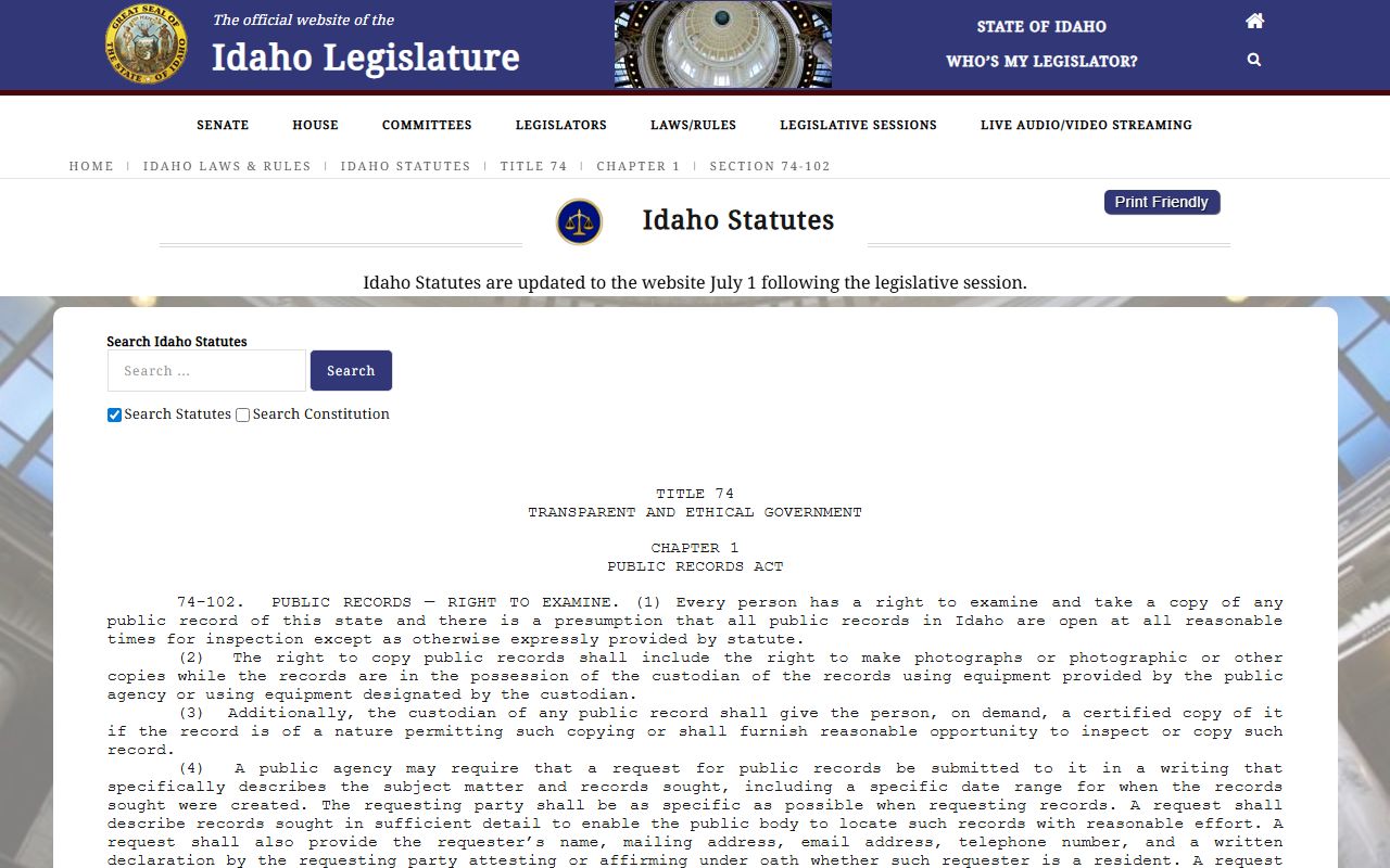 Oneida County court records Idaho public records right to examine statute