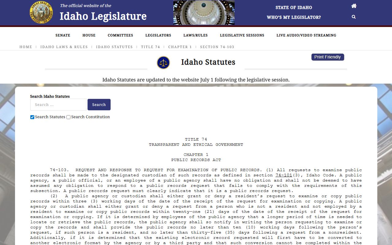 Oneida County court records Idaho public records timing and copying statute