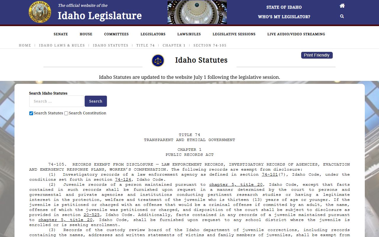 Oneida County court records Idaho public records exemptions statute