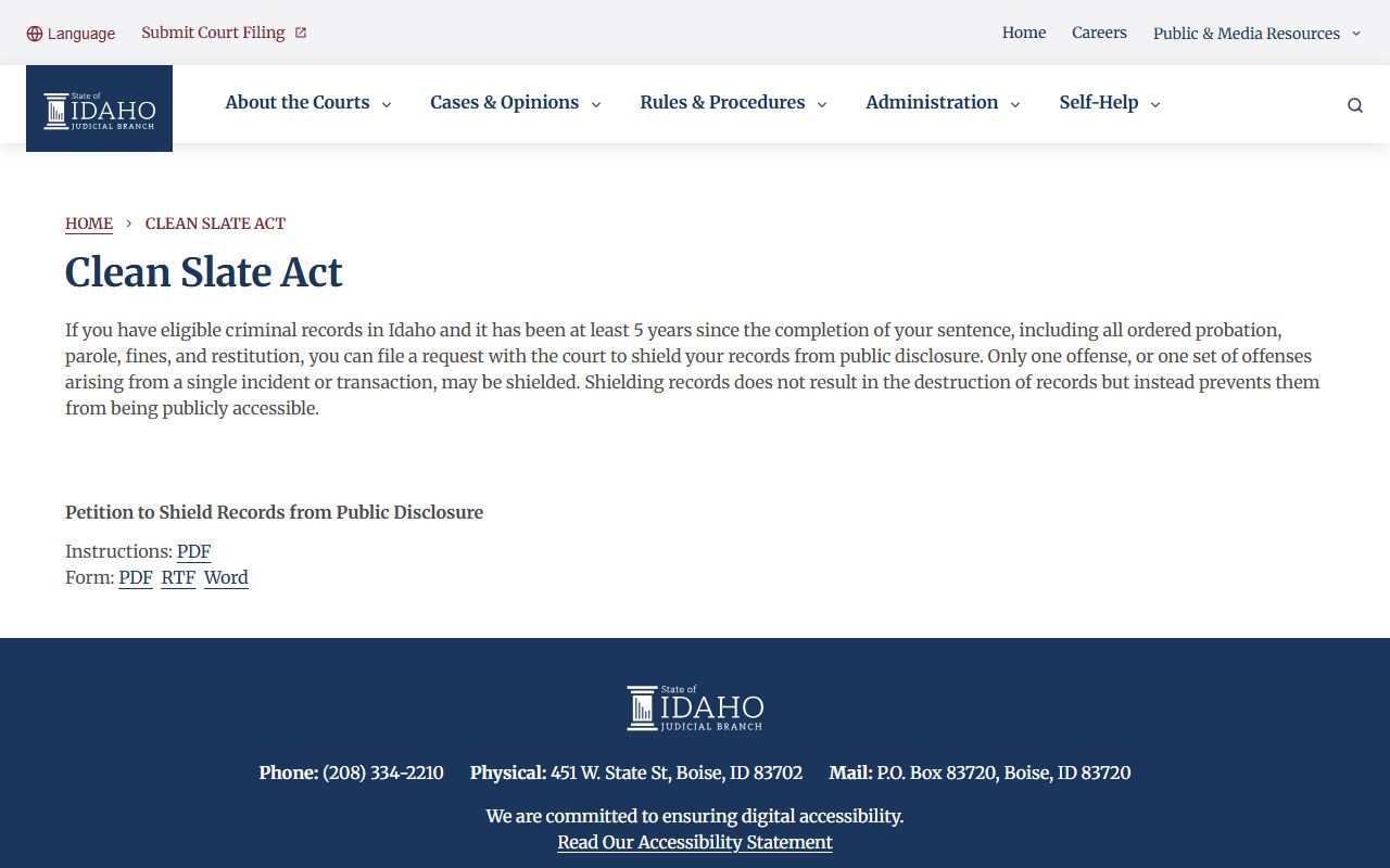 Oneida County criminal court records Idaho Clean Slate Act information
