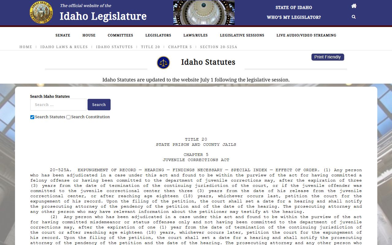 Oneida County criminal court records Idaho juvenile expungement statute
