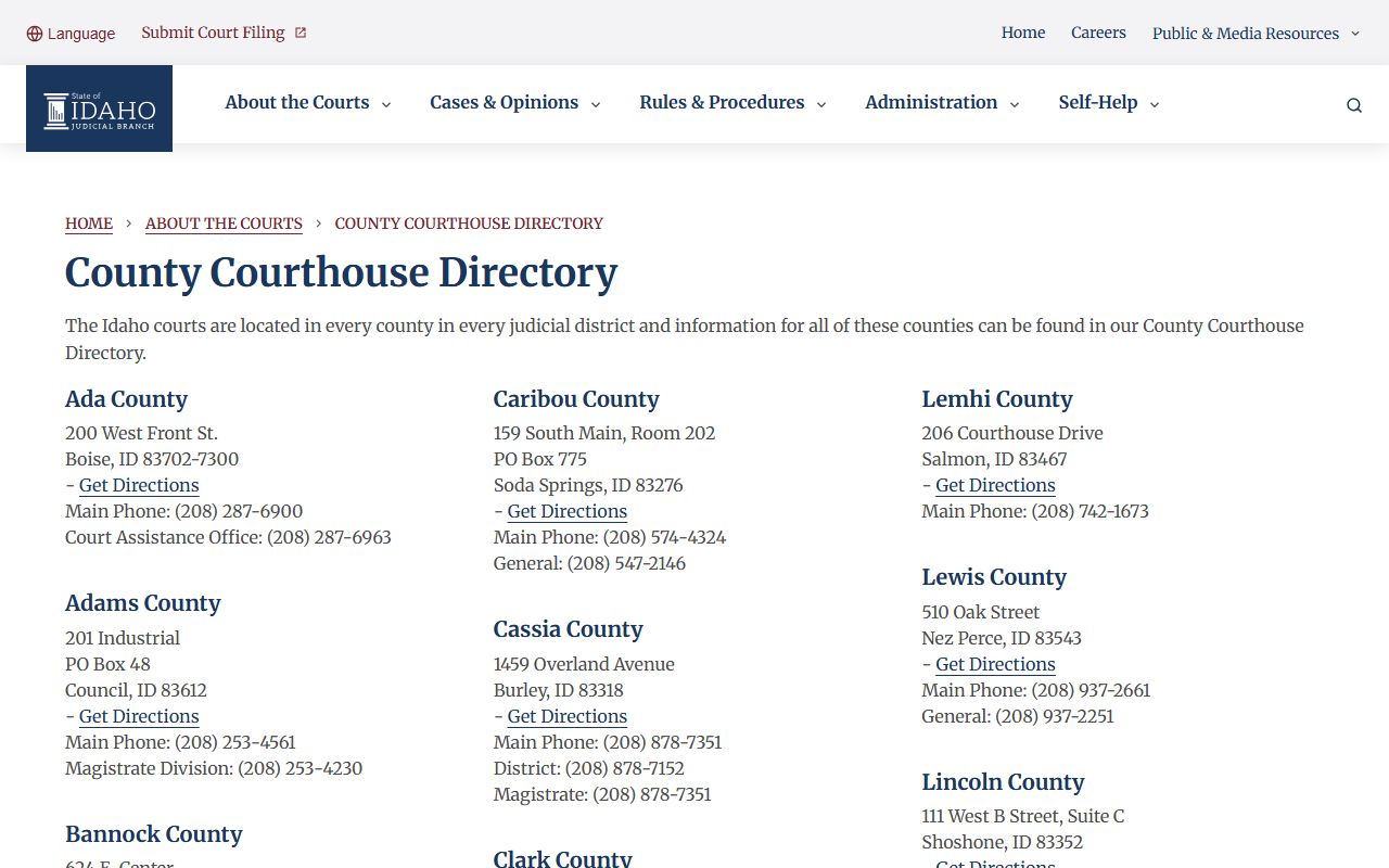 Oneida County District Court Idaho county courthouse directory