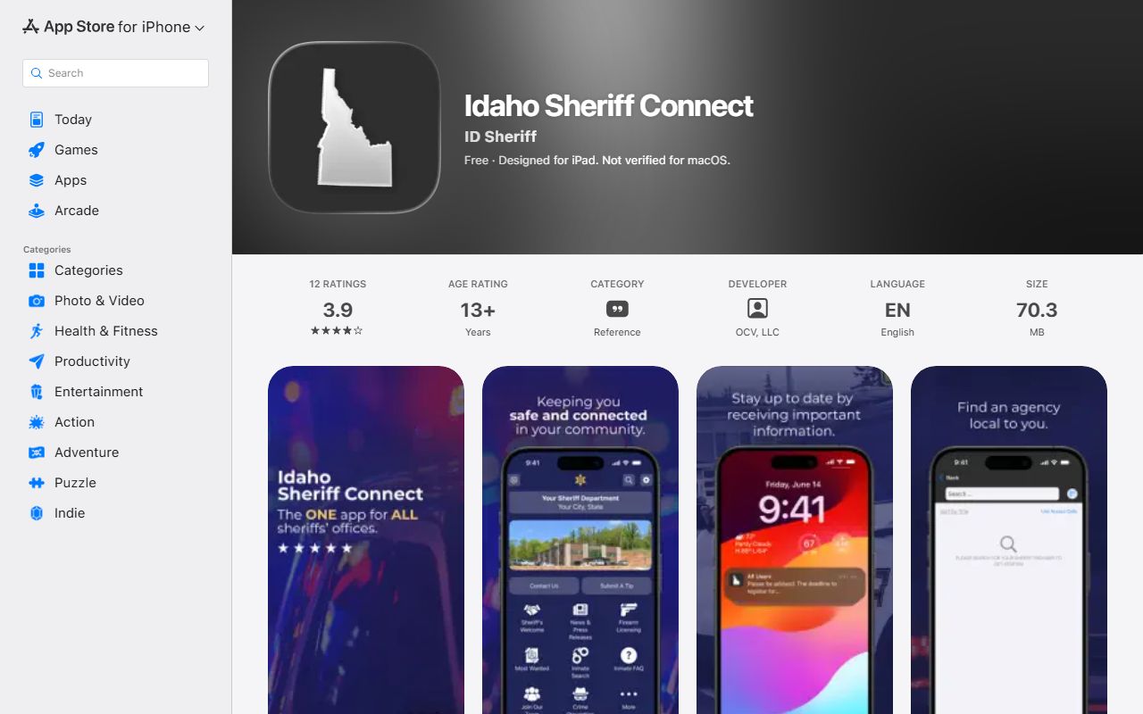 Oneida County inmate records Idaho Sheriff Connect app listing