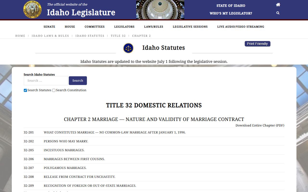 Oneida County marriage records Idaho marriage statute chapter